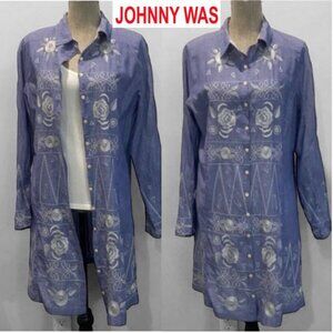 Johnny Was Blue Embroidered Cotton Button-Down Tunic Shirt lagenlook Size large